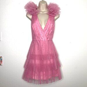 Whimsical Monique Lhuillier BUBBLEGUM Pink Dot Ruffled TULLE DRESS Sz 8 Coquette